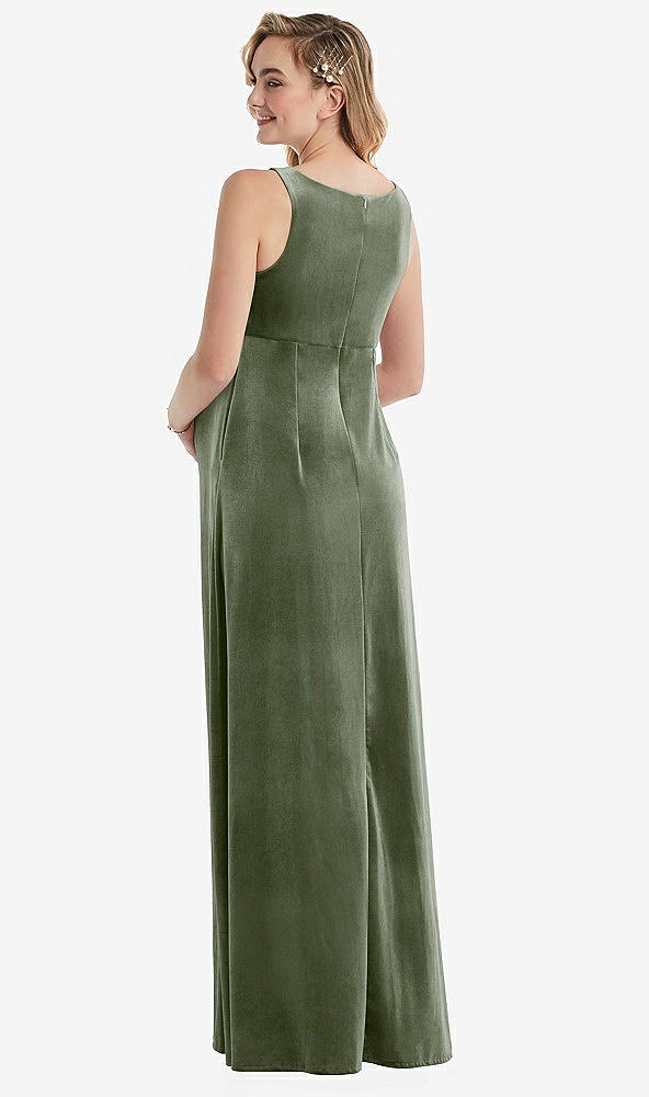 Back View - Sage V-Neck Closed-Back Velvet Maternity Dress with Pockets