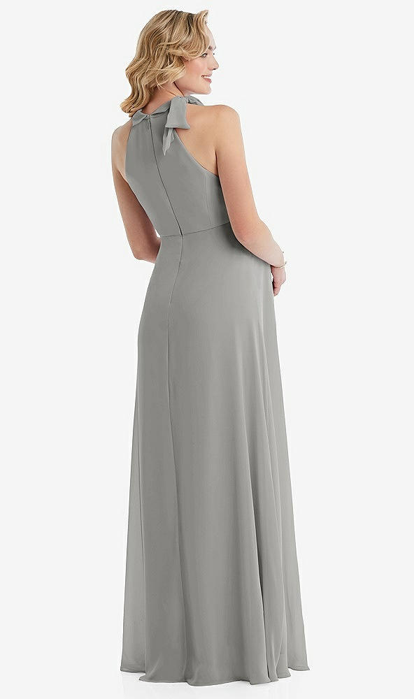 Back View - Chelsea Gray Scarf Tie High Neck Halter Chiffon Maternity Dress