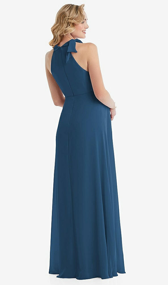 Back View - Dusk Blue Scarf Tie High Neck Halter Chiffon Maternity Dress