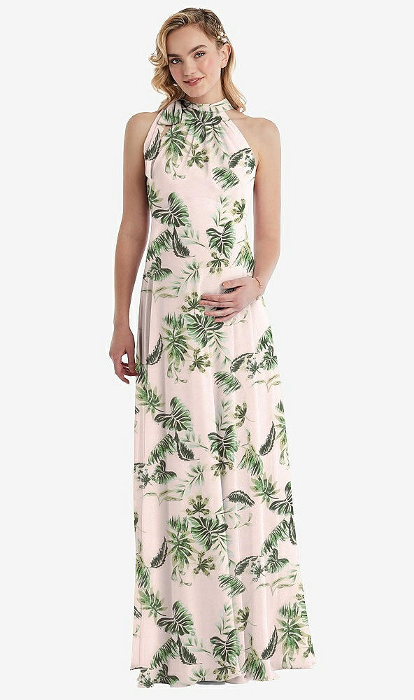 Front View - Palm Beach Print Scarf Tie High Neck Halter Chiffon Maternity Dress