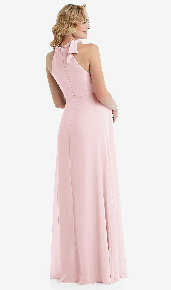 Back View - Ballet Pink Scarf Tie High Neck Halter Chiffon Maternity Dress