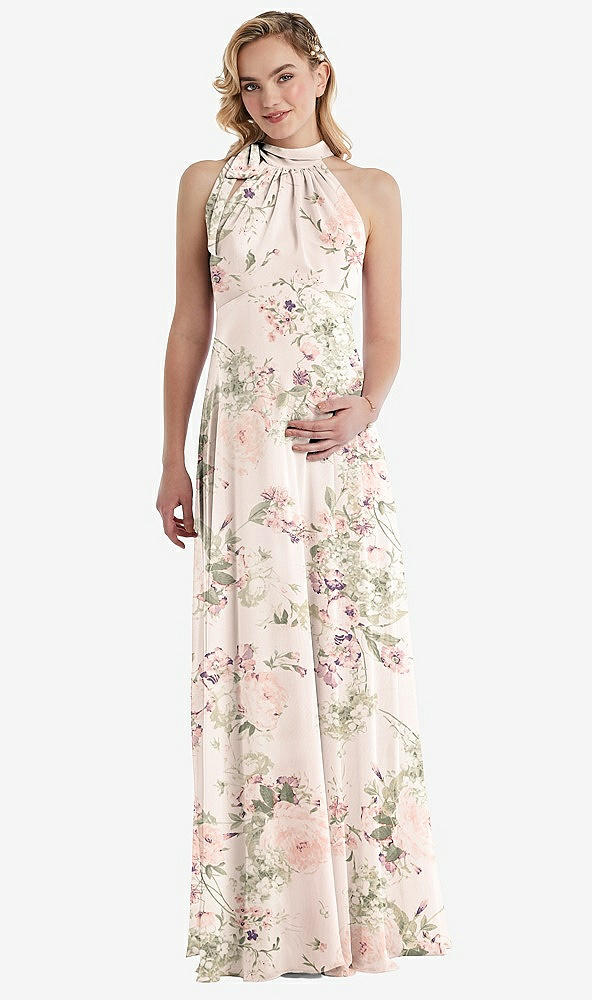 Front View - Blush Garden Scarf Tie High Neck Halter Chiffon Maternity Dress