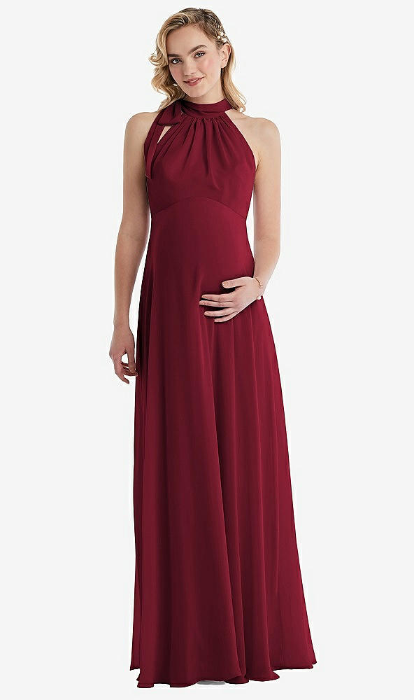 Front View - Burgundy Scarf Tie High Neck Halter Chiffon Maternity Dress