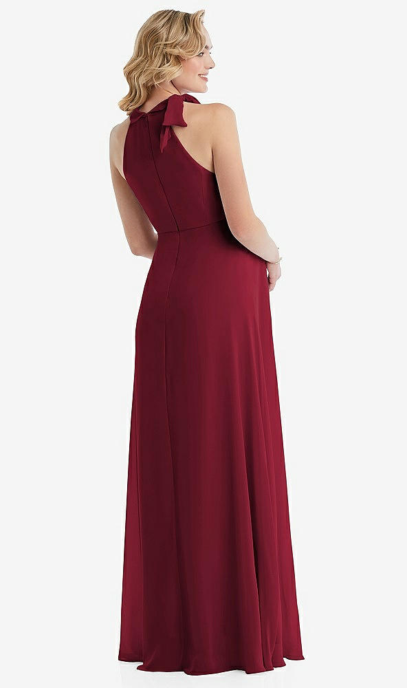 Back View - Burgundy Scarf Tie High Neck Halter Chiffon Maternity Dress