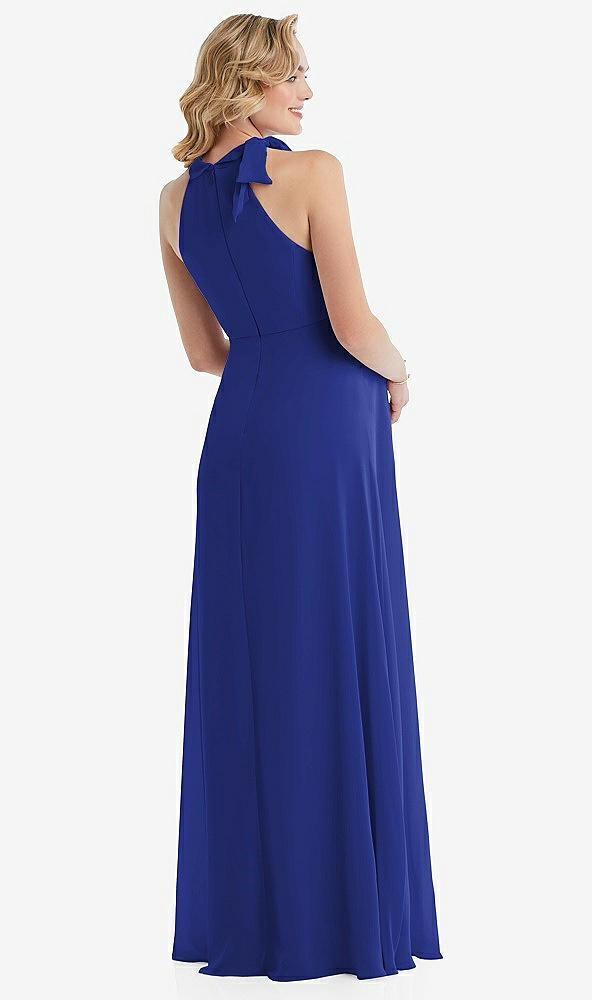 Back View - Cobalt Blue Scarf Tie High Neck Halter Chiffon Maternity Dress