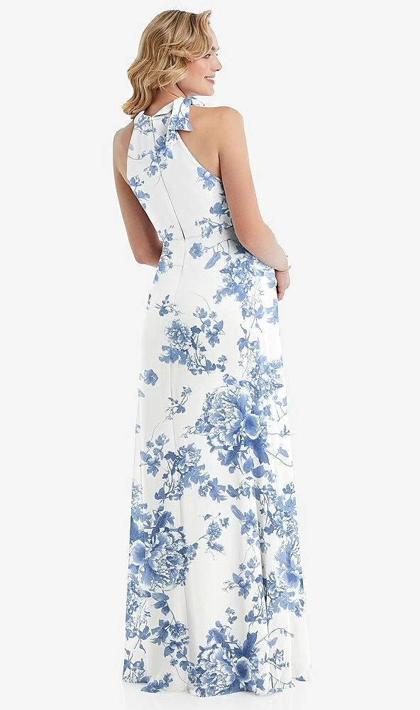 Back View - Cottage Rose Dusk Blue Scarf Tie High Neck Halter Chiffon Maternity Dress