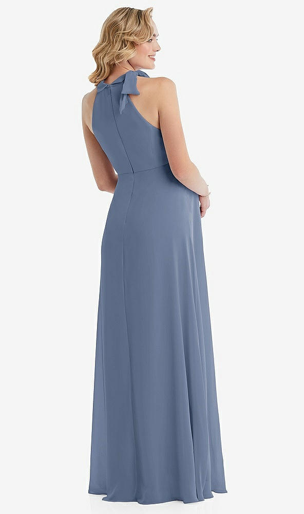 Back View - Larkspur Blue Scarf Tie High Neck Halter Chiffon Maternity Dress