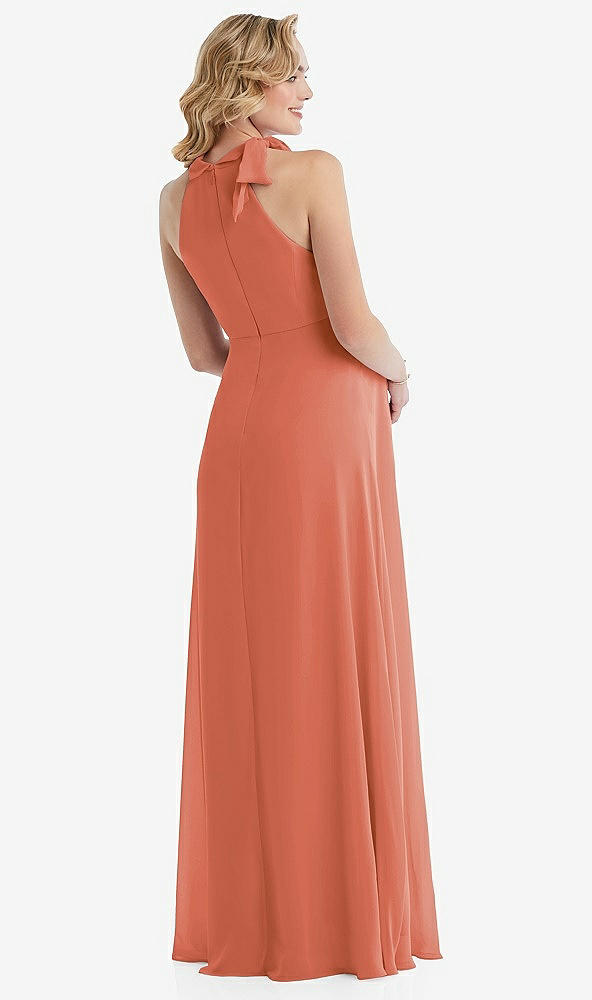 Back View - Terracotta Copper Scarf Tie High Neck Halter Chiffon Maternity Dress