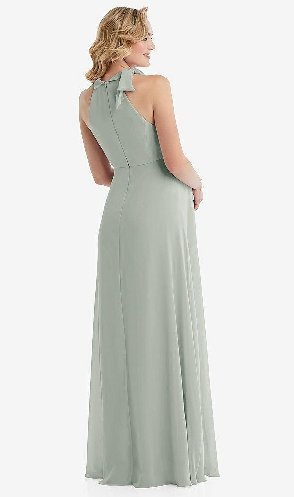 Back View - Willow Green Scarf Tie High Neck Halter Chiffon Maternity Dress