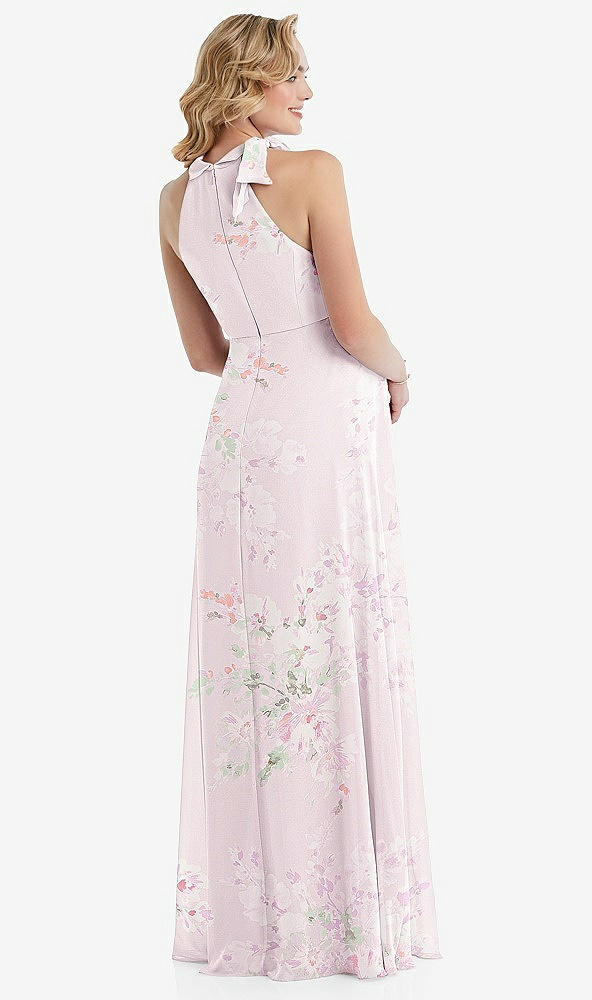 Back View - Watercolor Print Scarf Tie High Neck Halter Chiffon Maternity Dress