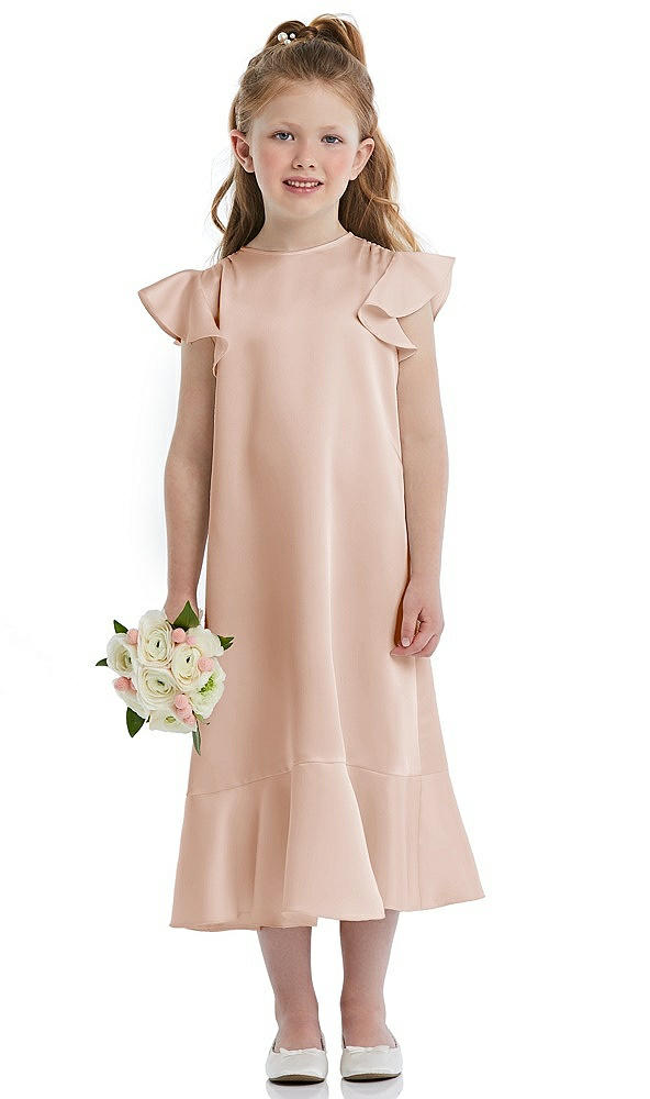 Front View - Cameo Flutter Sleeve Ruffle-Hem Satin Flower Girl Dress