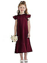 Front View Thumbnail - Cabernet Flutter Sleeve Ruffle-Hem Satin Flower Girl Dress