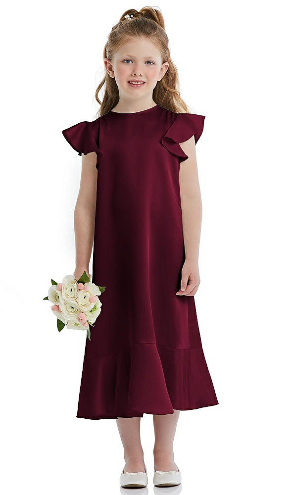 Front View - Cabernet Flutter Sleeve Ruffle-Hem Satin Flower Girl Dress