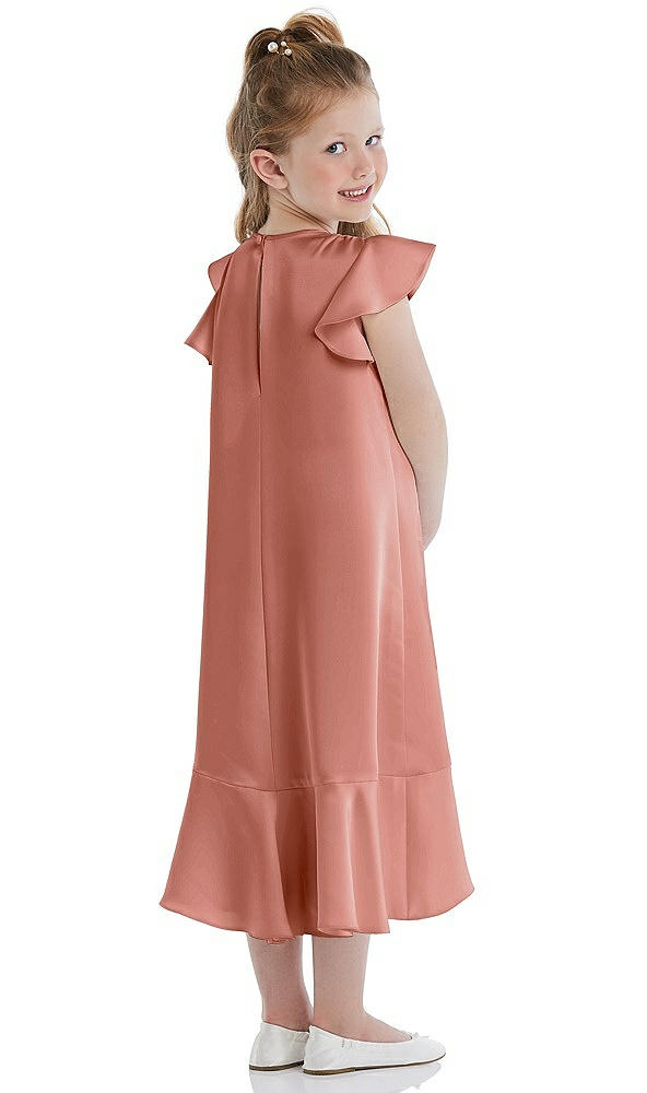 Back View - Desert Rose Flutter Sleeve Ruffle-Hem Satin Flower Girl Dress