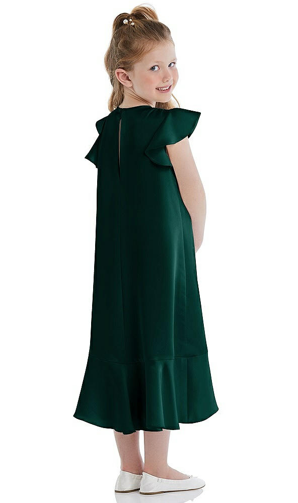 Back View - Evergreen Flutter Sleeve Ruffle-Hem Satin Flower Girl Dress