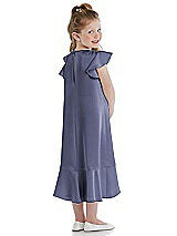 Rear View Thumbnail - French Blue Flutter Sleeve Ruffle-Hem Satin Flower Girl Dress