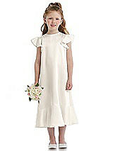 Front View Thumbnail - Ivory Flutter Sleeve Ruffle-Hem Satin Flower Girl Dress