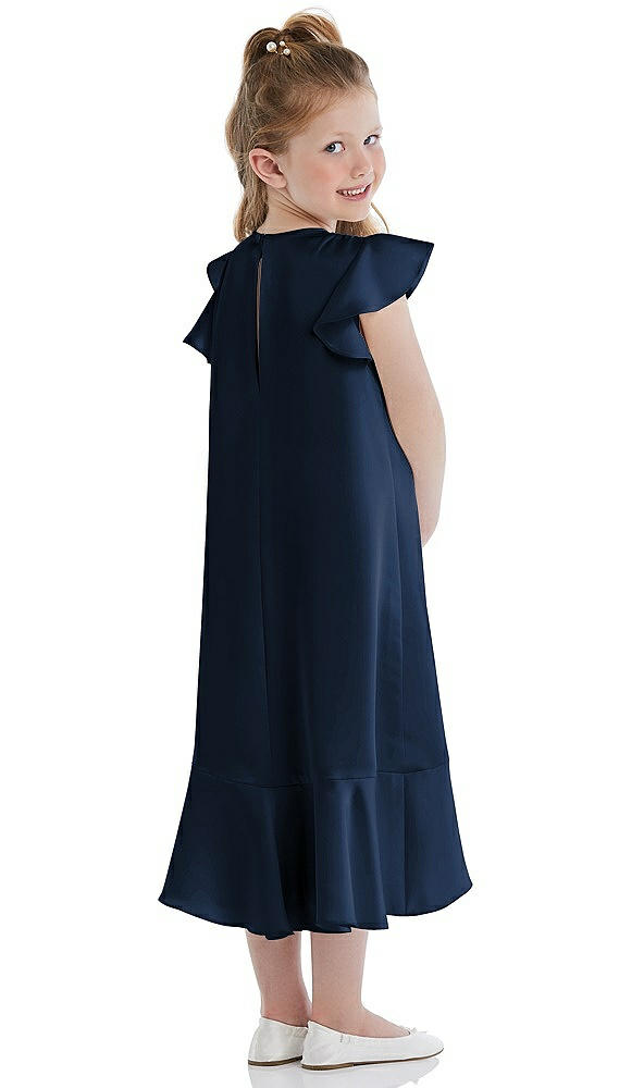 Back View - Midnight Navy Flutter Sleeve Ruffle-Hem Satin Flower Girl Dress