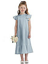 Front View Thumbnail - Mist Flutter Sleeve Ruffle-Hem Satin Flower Girl Dress