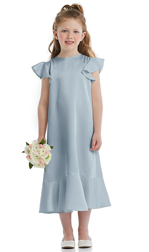 Front View - Mist Flutter Sleeve Ruffle-Hem Satin Flower Girl Dress