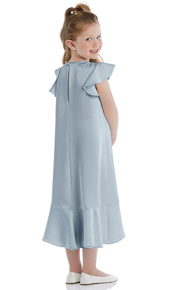 Back View - Mist Flutter Sleeve Ruffle-Hem Satin Flower Girl Dress