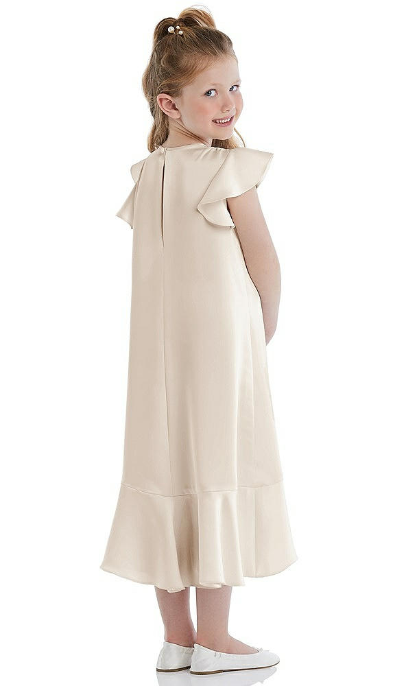 Back View - Oat Flutter Sleeve Ruffle-Hem Satin Flower Girl Dress