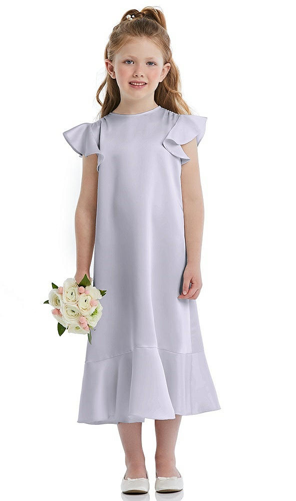 Front View - Silver Dove Flutter Sleeve Ruffle-Hem Satin Flower Girl Dress