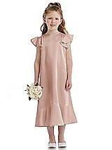 Front View Thumbnail - Toasted Sugar Flutter Sleeve Ruffle-Hem Satin Flower Girl Dress