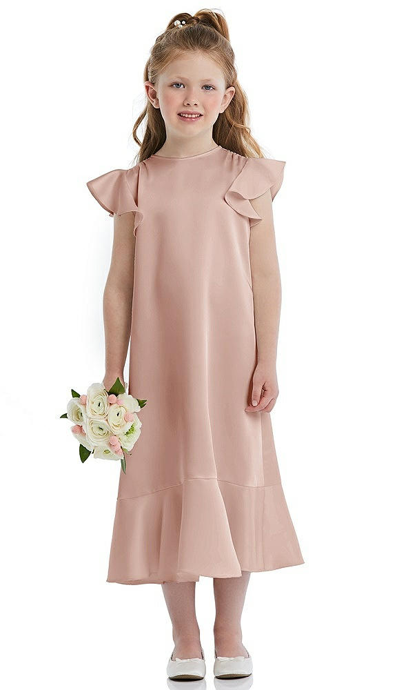 Front View - Toasted Sugar Flutter Sleeve Ruffle-Hem Satin Flower Girl Dress