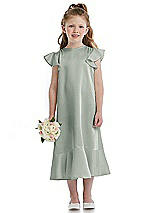 Front View Thumbnail - Willow Green Flutter Sleeve Ruffle-Hem Satin Flower Girl Dress