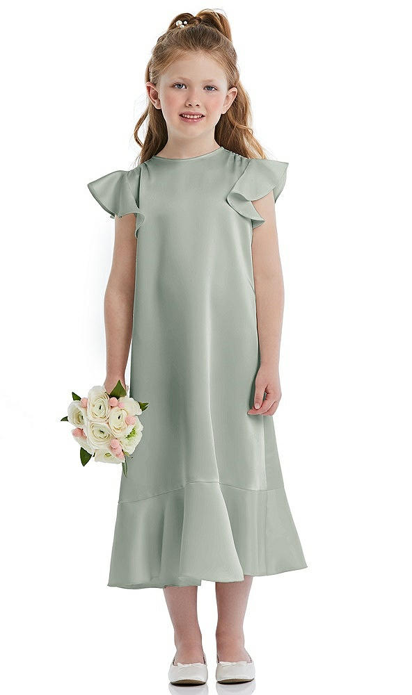 Front View - Willow Green Flutter Sleeve Ruffle-Hem Satin Flower Girl Dress