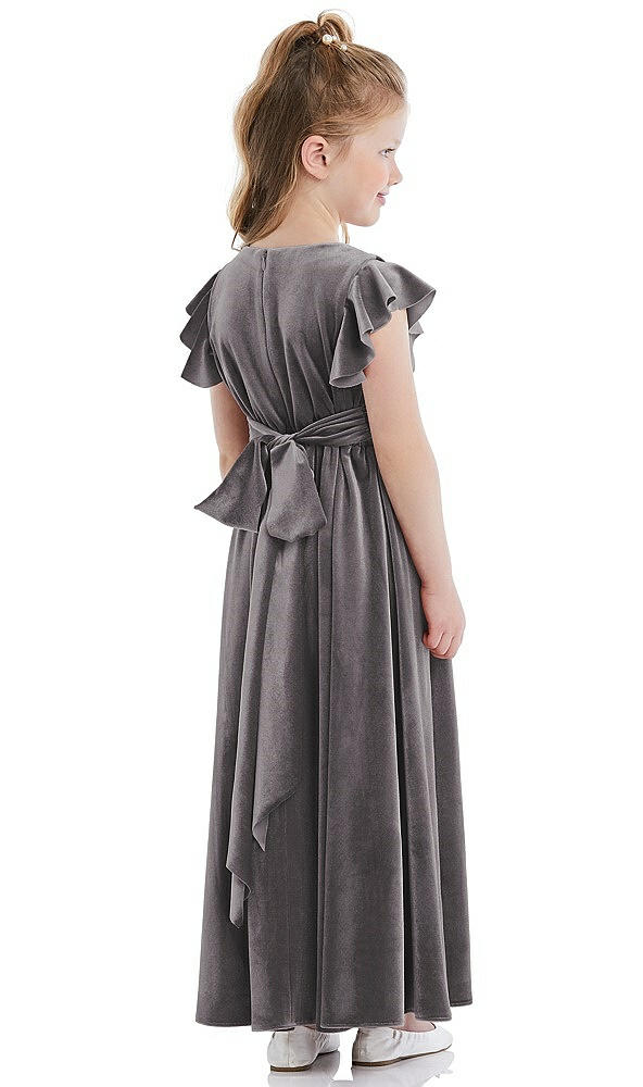 Back View - Caviar Gray Ruched Flutter Sleeve Velvet Flower Girl Dress with Sash