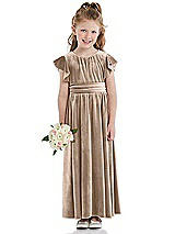 Front View Thumbnail - Topaz Ruched Flutter Sleeve Velvet Flower Girl Dress with Sash