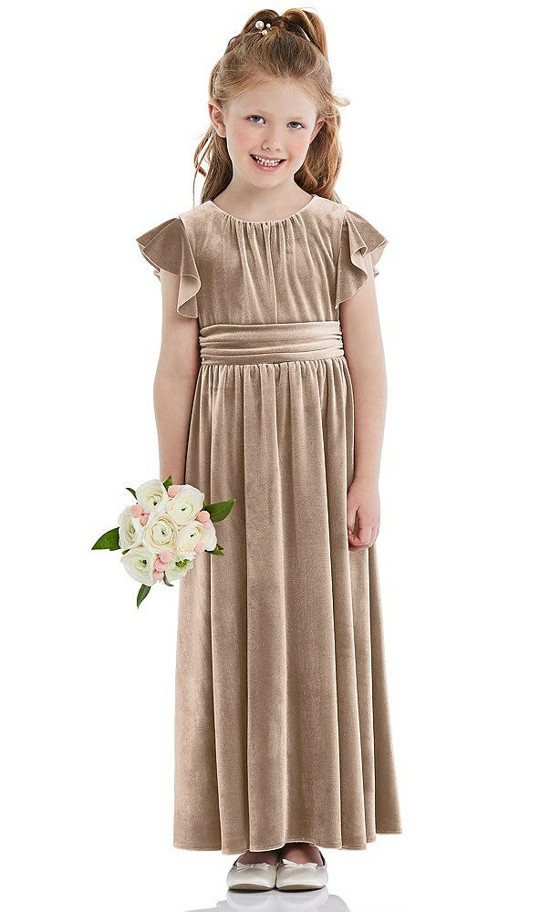 Front View - Topaz Ruched Flutter Sleeve Velvet Flower Girl Dress with Sash