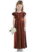 Front View Thumbnail - Auburn Moon Ruched Flutter Sleeve Velvet Flower Girl Dress with Sash