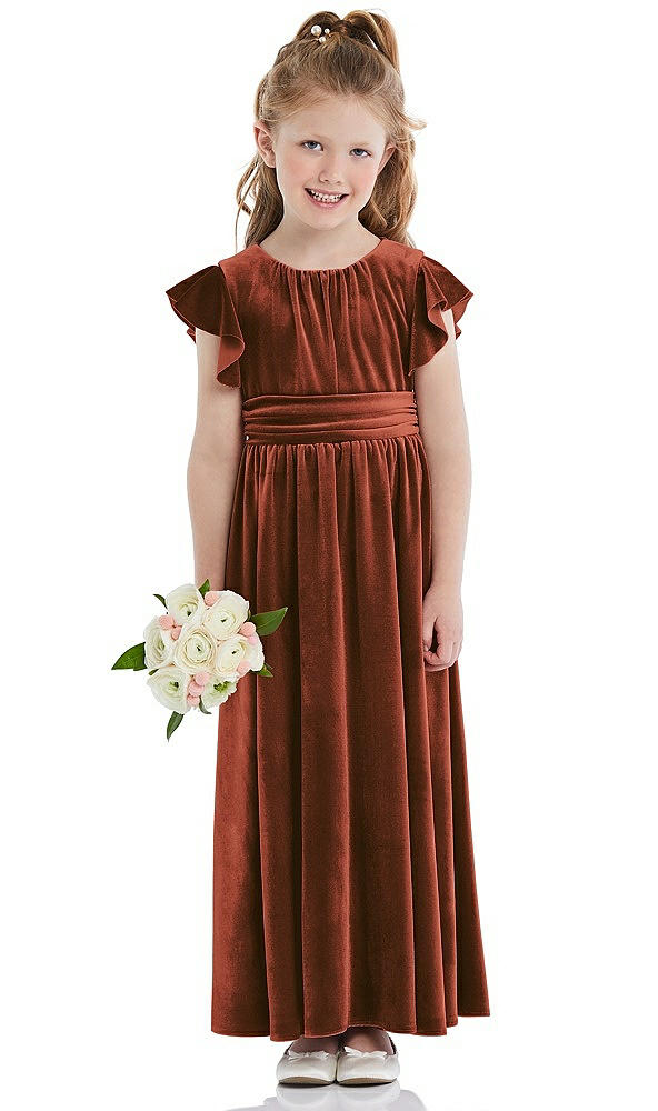 Front View - Auburn Moon Ruched Flutter Sleeve Velvet Flower Girl Dress with Sash