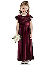 Front View Thumbnail - Cabernet Ruched Flutter Sleeve Velvet Flower Girl Dress with Sash