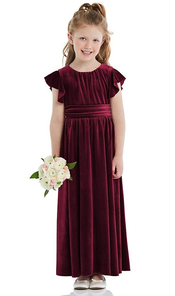 Front View - Cabernet Ruched Flutter Sleeve Velvet Flower Girl Dress with Sash