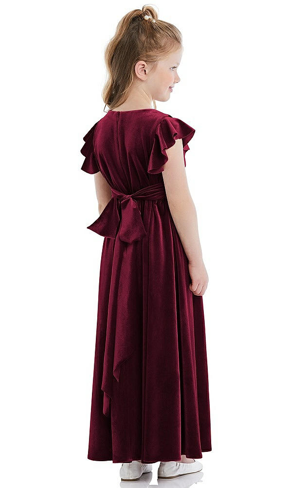 Back View - Cabernet Ruched Flutter Sleeve Velvet Flower Girl Dress with Sash