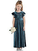 Front View Thumbnail - Dutch Blue Ruched Flutter Sleeve Velvet Flower Girl Dress with Sash