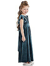 Side View Thumbnail - Dutch Blue Ruched Flutter Sleeve Velvet Flower Girl Dress with Sash