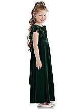 Side View Thumbnail - Evergreen Ruched Flutter Sleeve Velvet Flower Girl Dress with Sash