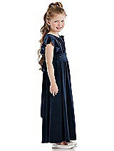 Side View Thumbnail - Midnight Navy Ruched Flutter Sleeve Velvet Flower Girl Dress with Sash