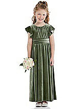 Front View Thumbnail - Sage Ruched Flutter Sleeve Velvet Flower Girl Dress with Sash