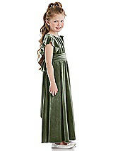 Side View Thumbnail - Sage Ruched Flutter Sleeve Velvet Flower Girl Dress with Sash