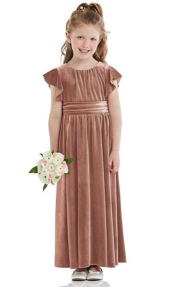 Front View - Tawny Rose Ruched Flutter Sleeve Velvet Flower Girl Dress with Sash