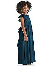 Side View Thumbnail - Atlantic Blue Ruffle Flutter Sleeve Whisper Satin Flower Girl Dress