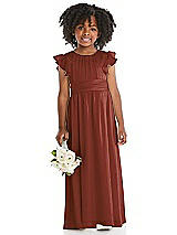 Front View Thumbnail - Auburn Moon Ruffle Flutter Sleeve Whisper Satin Flower Girl Dress