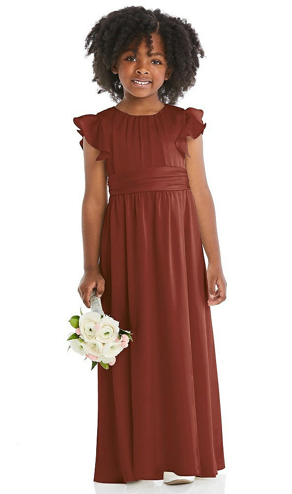 Front View - Auburn Moon Ruffle Flutter Sleeve Whisper Satin Flower Girl Dress