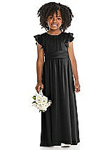 Front View Thumbnail - Black Ruffle Flutter Sleeve Whisper Satin Flower Girl Dress